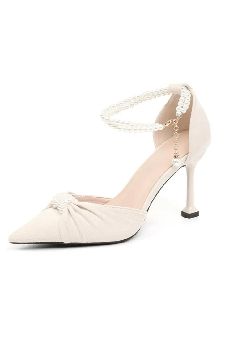 Audrey Velvet & Pearl Pointed High Heel - Ivory