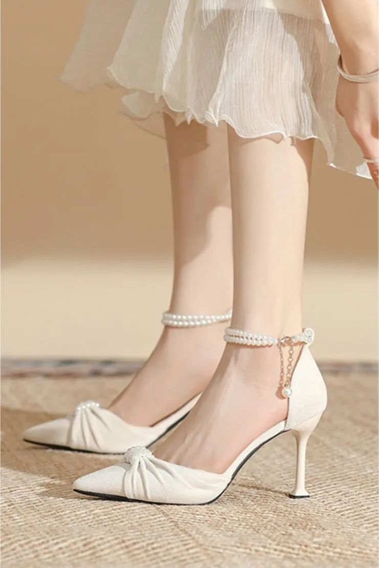 Audrey Velvet & Pearl Pointed High Heel - Ivory