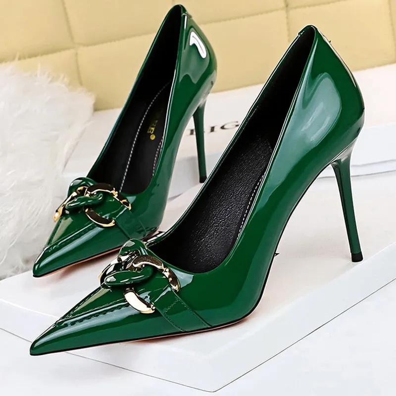 BIGTREE Shoes Metal Button Woman Pumps Patent Leather High Heels Luxurious Sexy Party Shoes Stiletto Heels Ladies Large Size 43