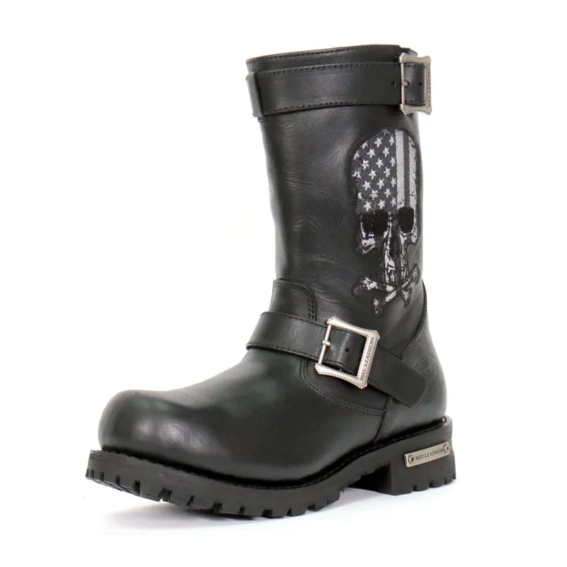 BTM1018 Mens Black Tall Harness Flag Skull Boot with Round Toe