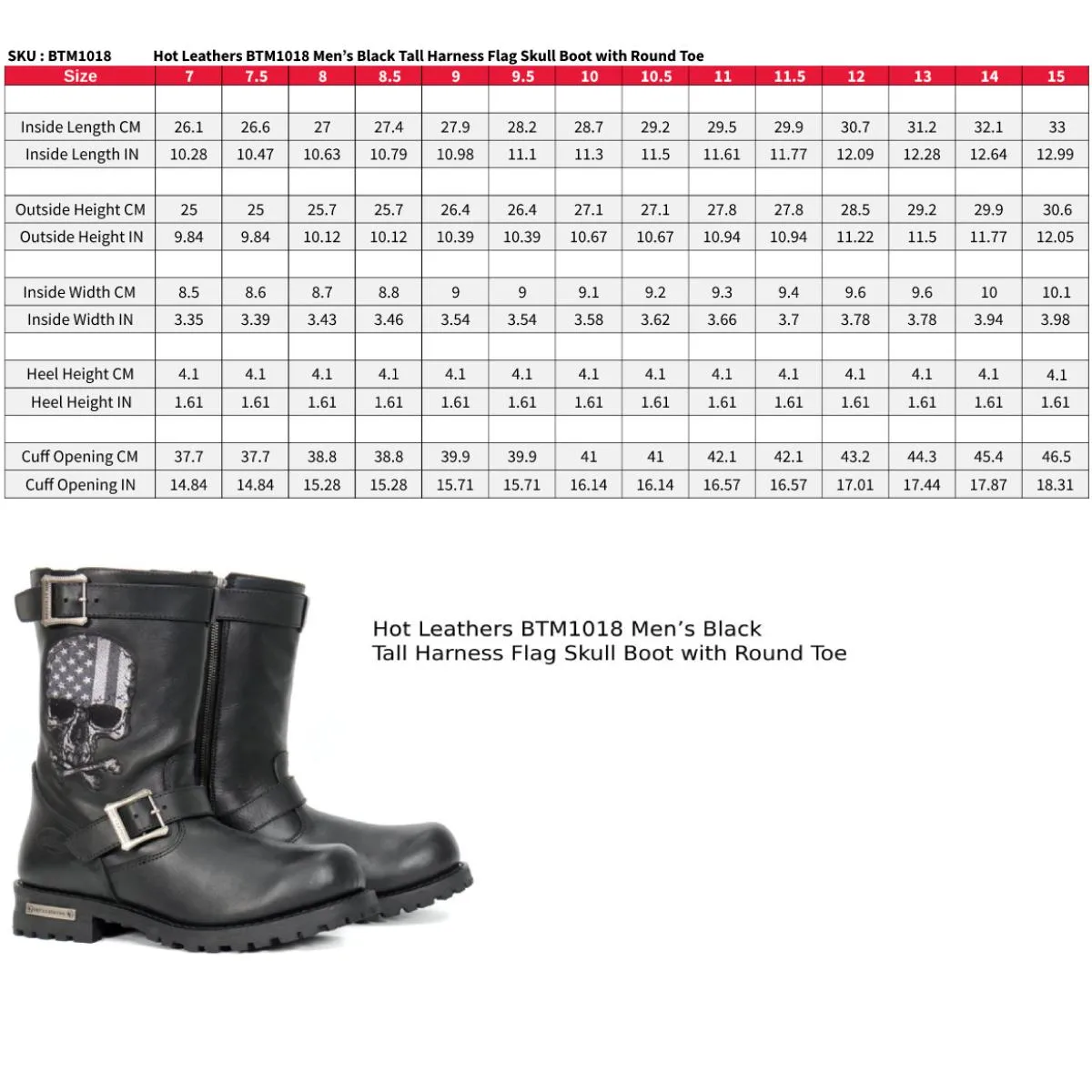 BTM1018 Mens Black Tall Harness Flag Skull Boot with Round Toe