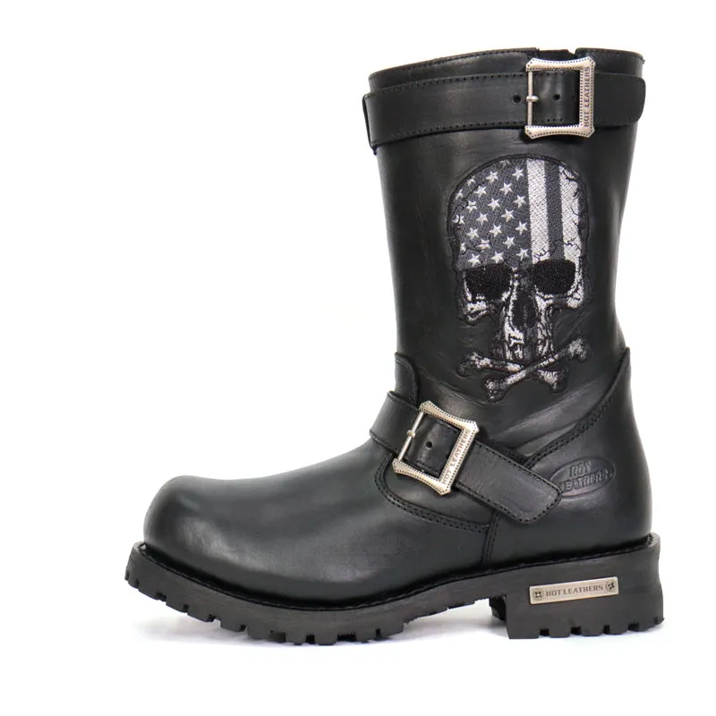 BTM1018 Mens Black Tall Harness Flag Skull Boot with Round Toe