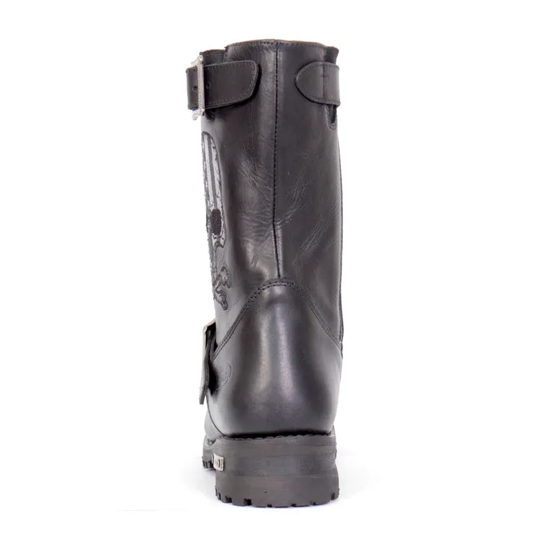 BTM1018 Mens Black Tall Harness Flag Skull Boot with Round Toe