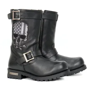BTM1018 Mens Black Tall Harness Flag Skull Boot with Round Toe