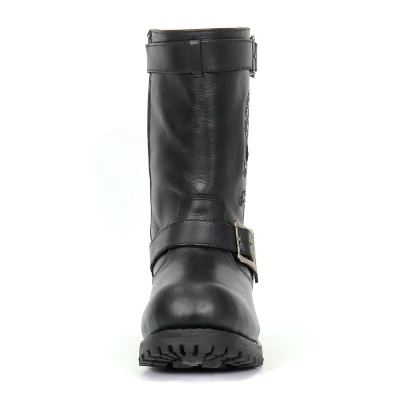 BTM1018 Mens Black Tall Harness Flag Skull Boot with Round Toe