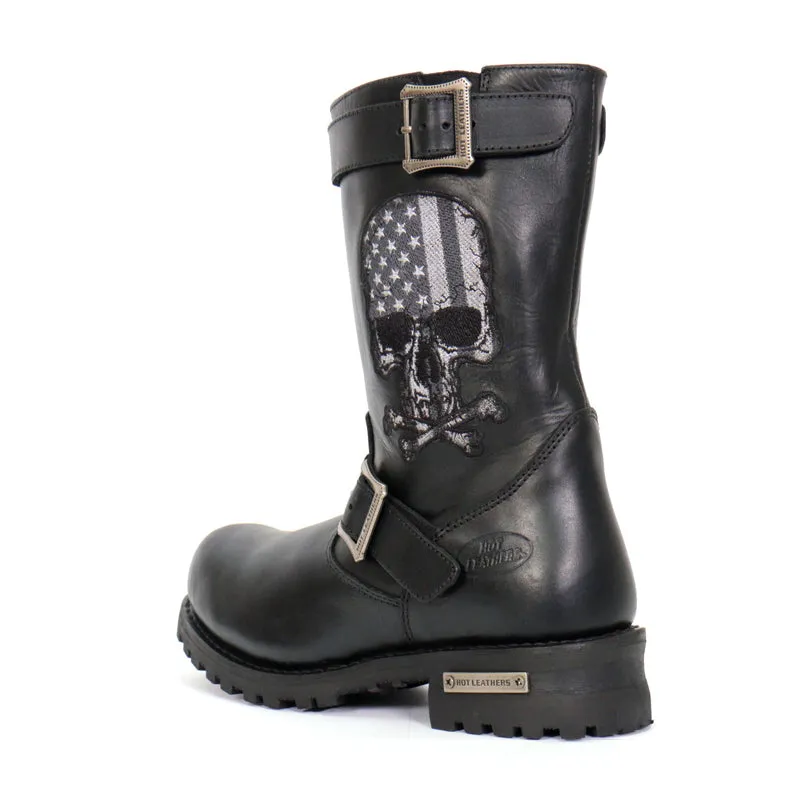BTM1018 Mens Black Tall Harness Flag Skull Boot with Round Toe