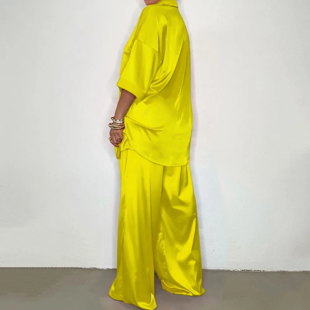 Button Up Satin Two Piece Set