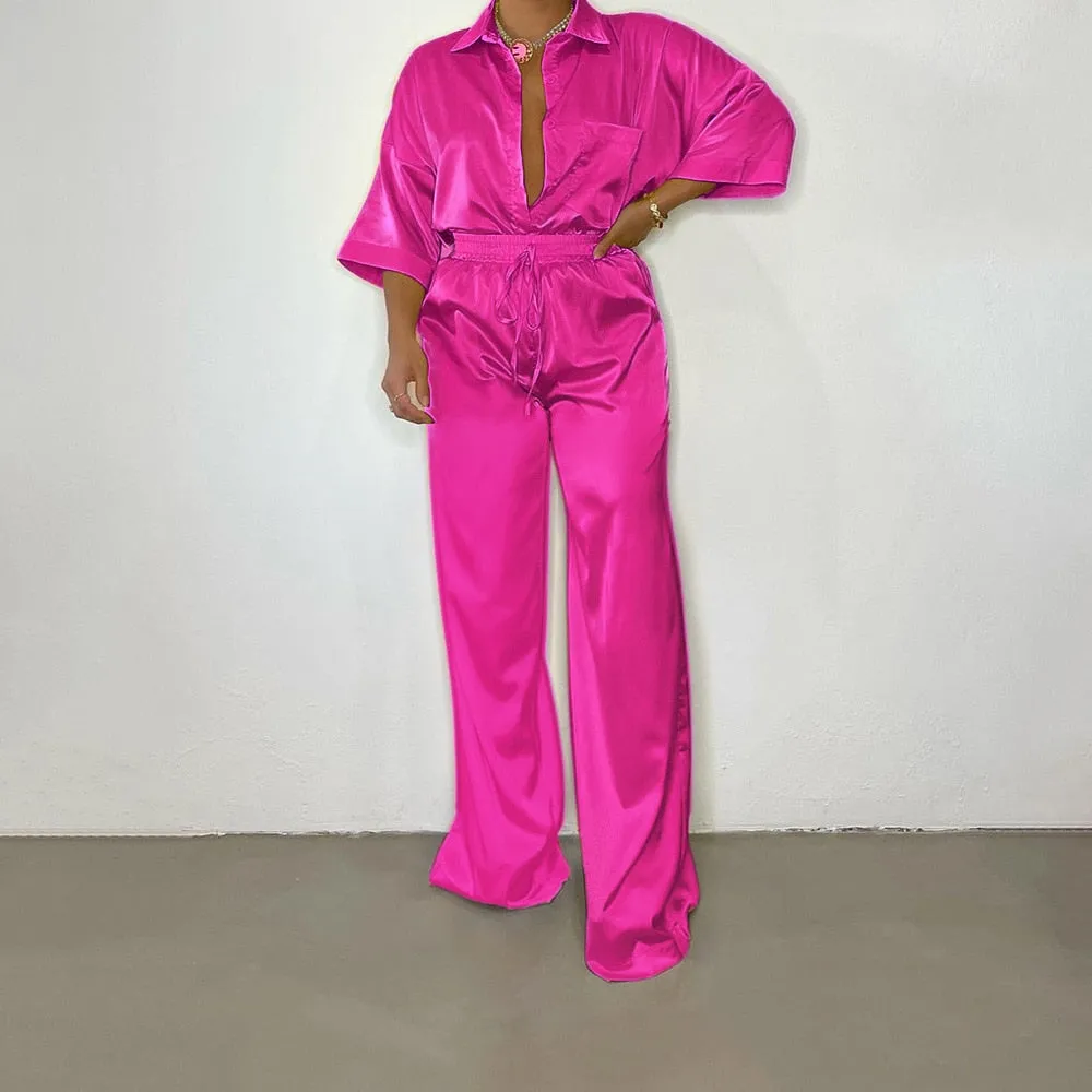 Button Up Satin Two Piece Set