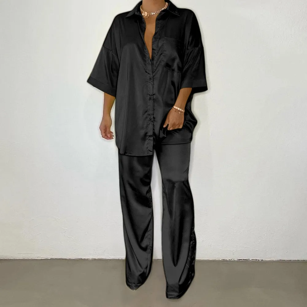 Button Up Satin Two Piece Set