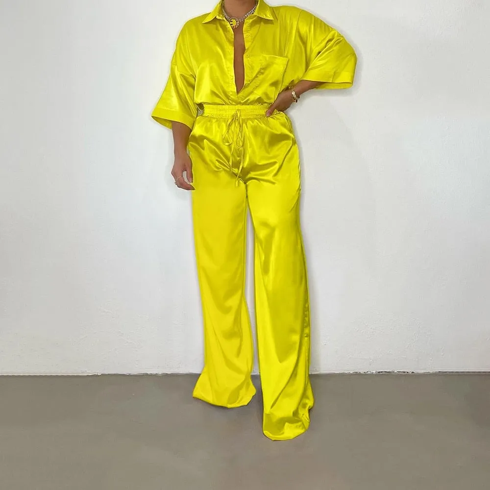 Button Up Satin Two Piece Set