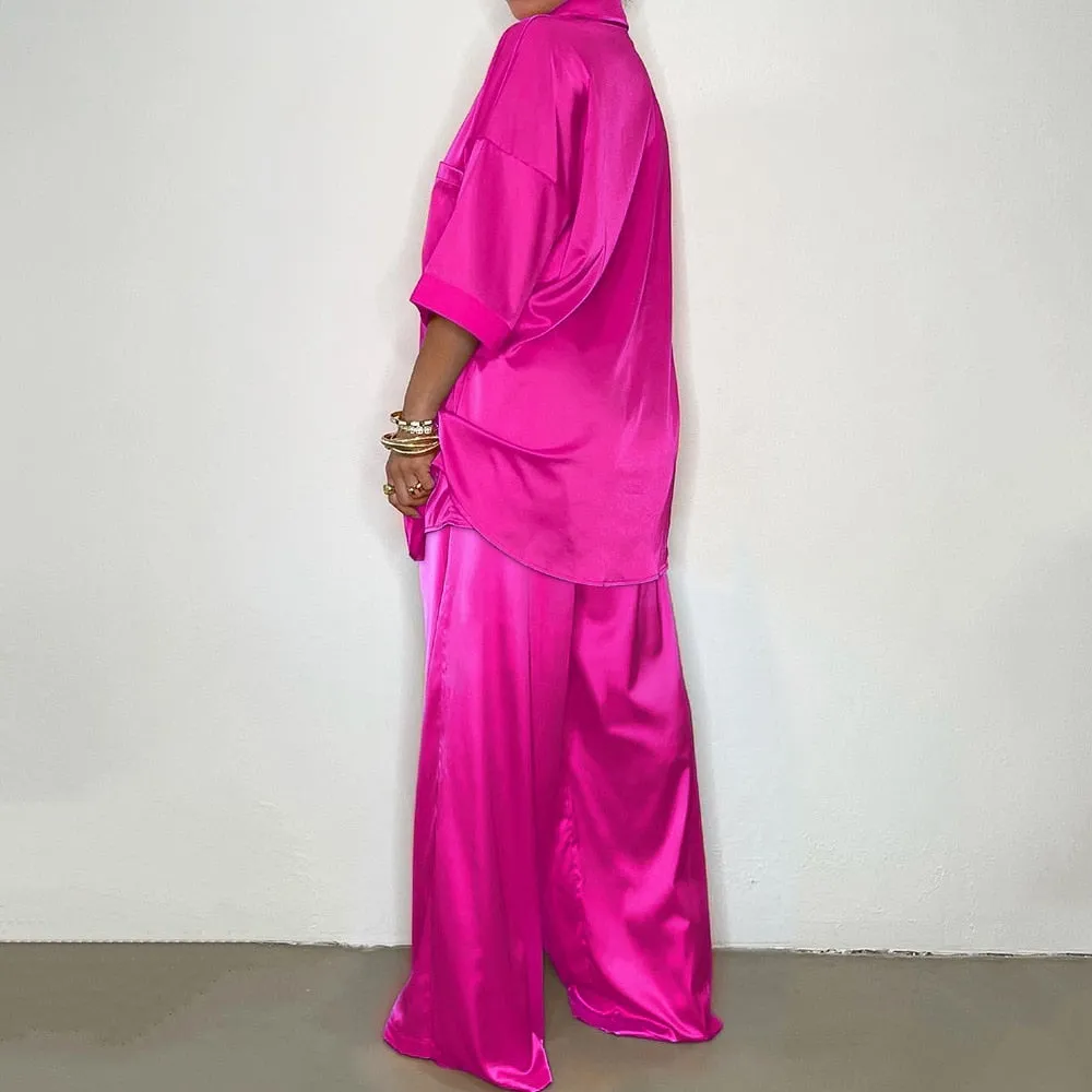 Button Up Satin Two Piece Set