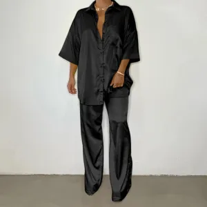 Button Up Satin Two Piece Set