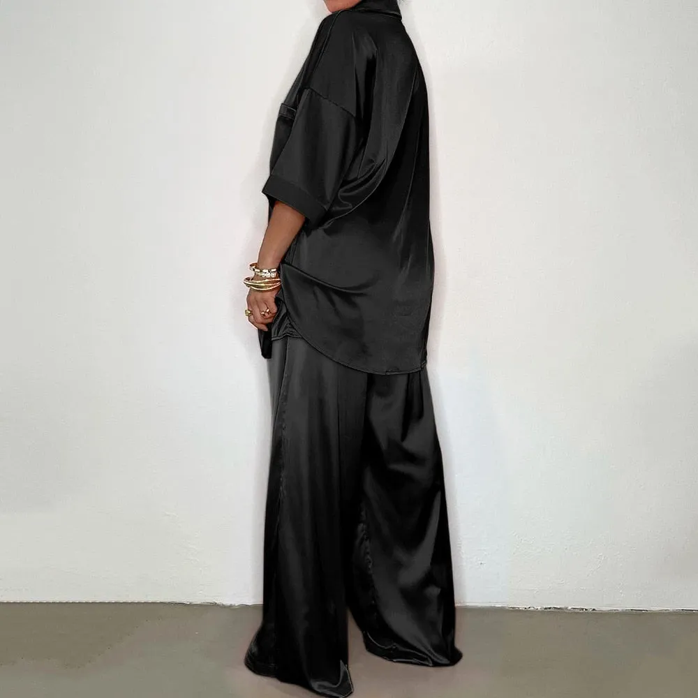 Button Up Satin Two Piece Set