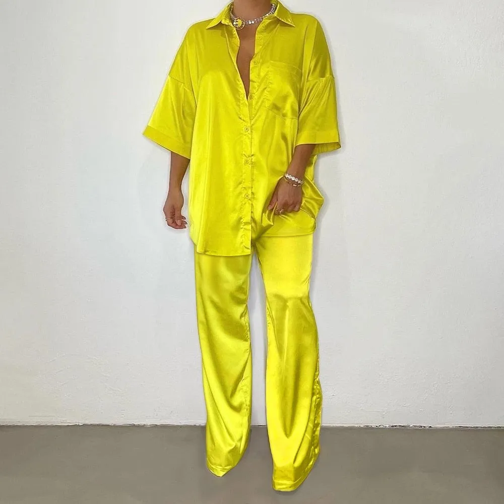 Button Up Satin Two Piece Set
