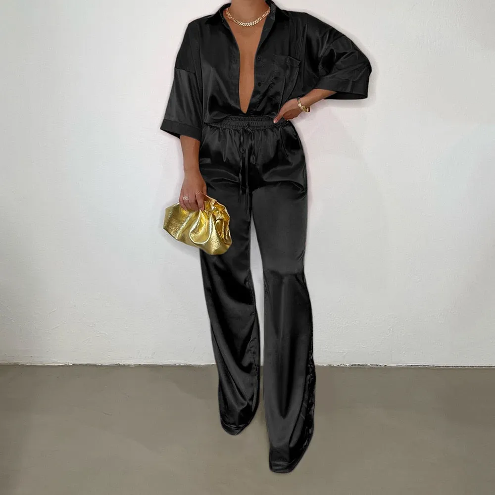 Button Up Satin Two Piece Set
