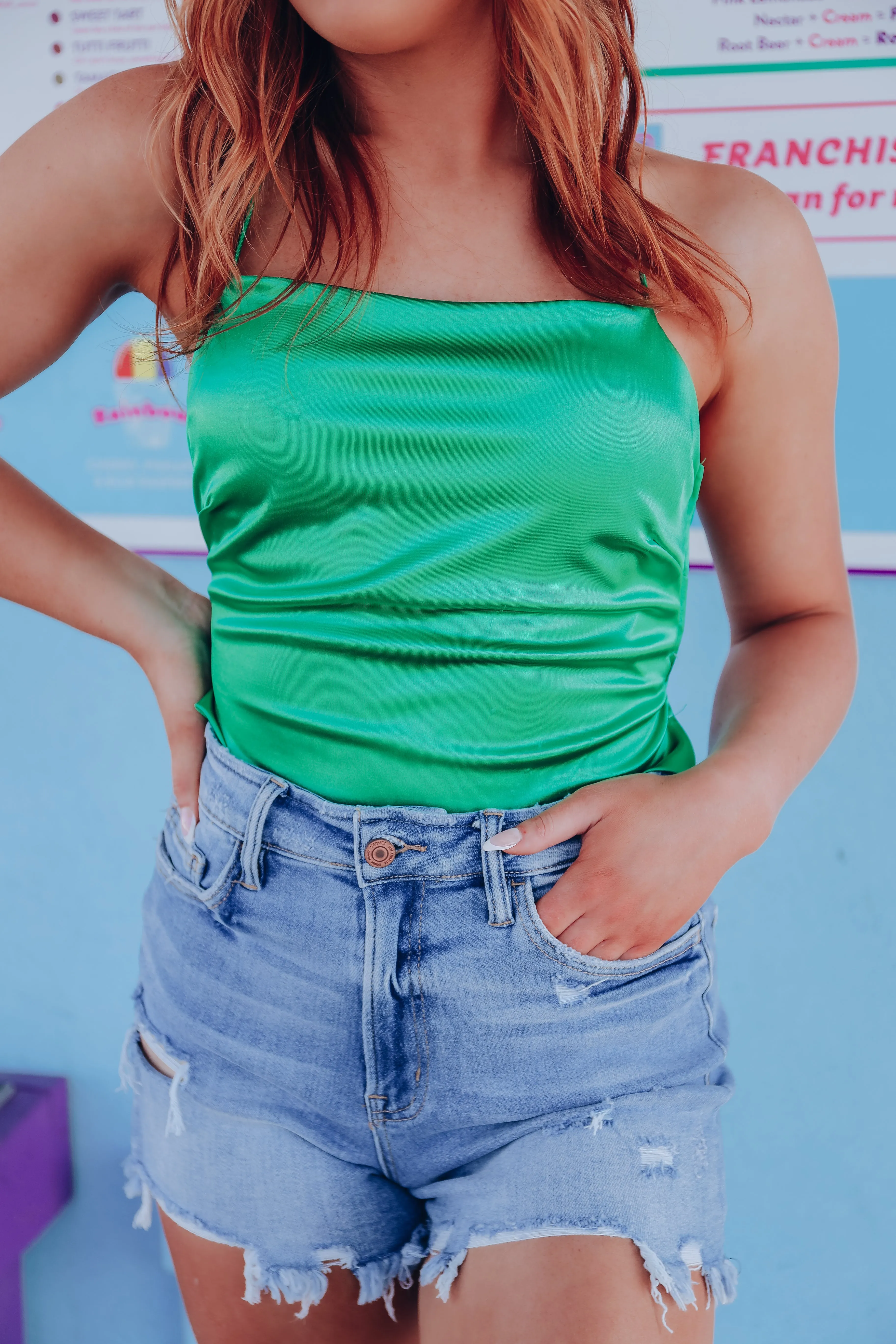 Camilla Satin Lace-Up Top - Green
