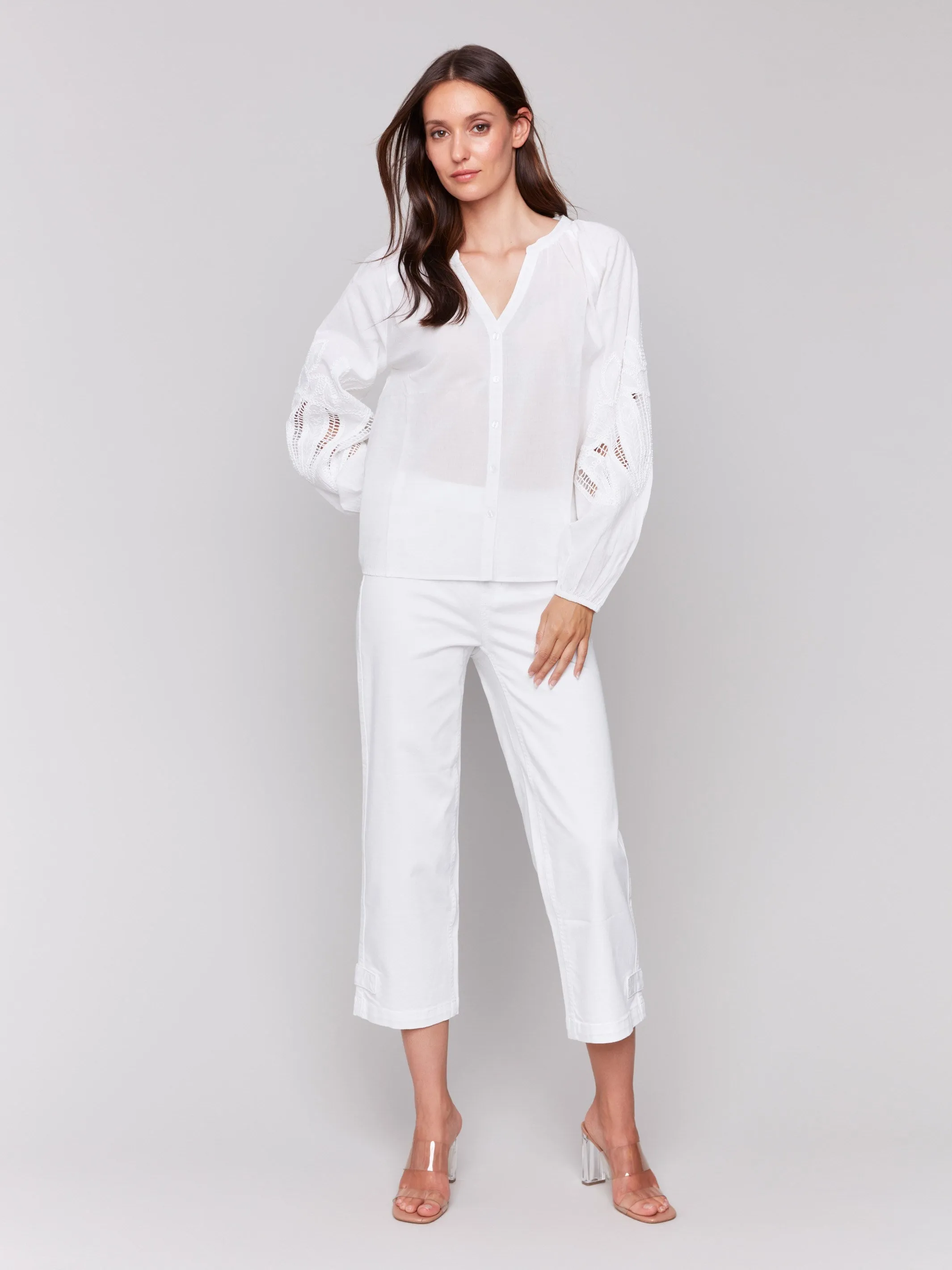 Cotton Button-Front Blouse with Embroidery - White