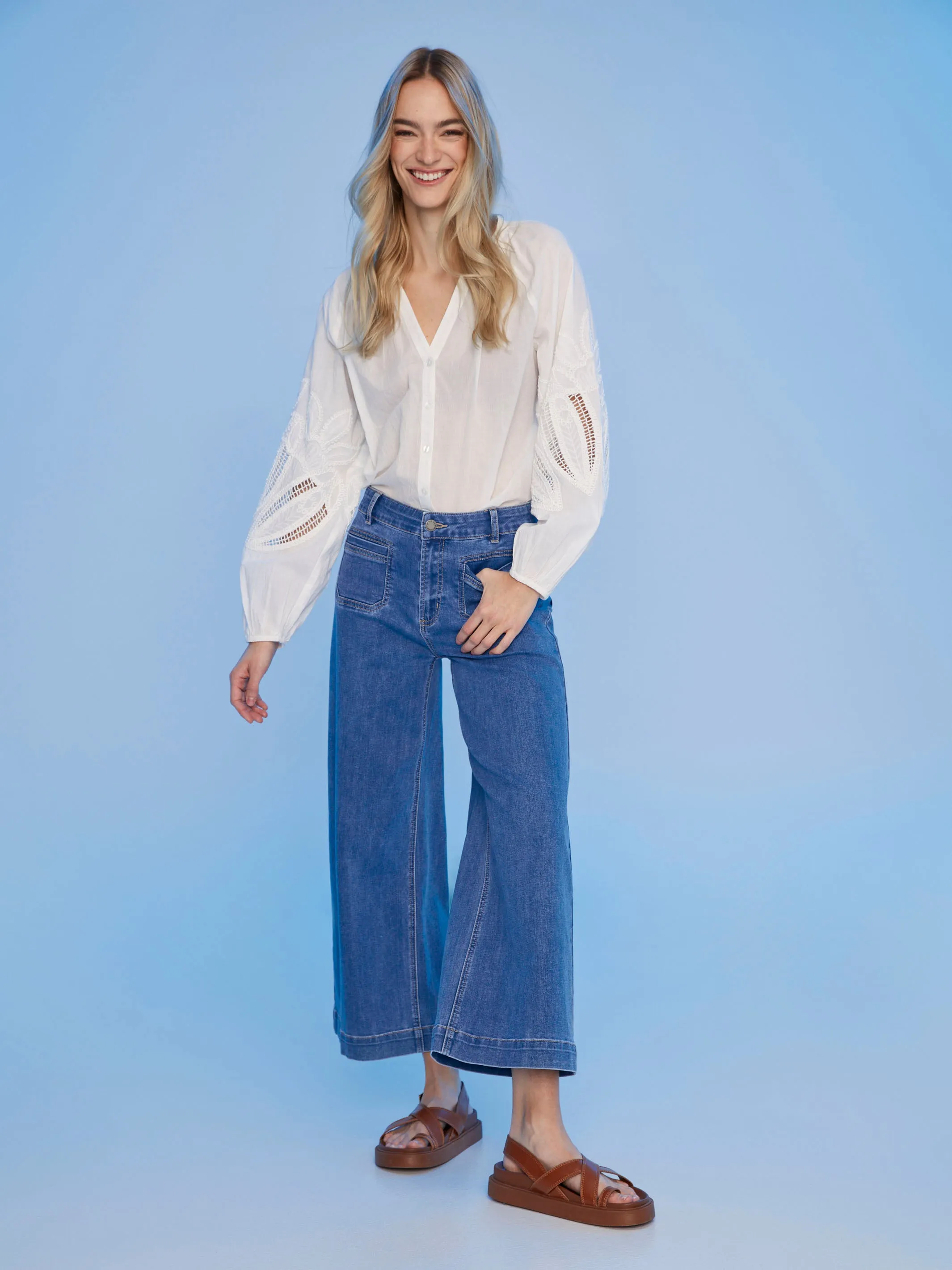 Cotton Button-Front Blouse with Embroidery - White
