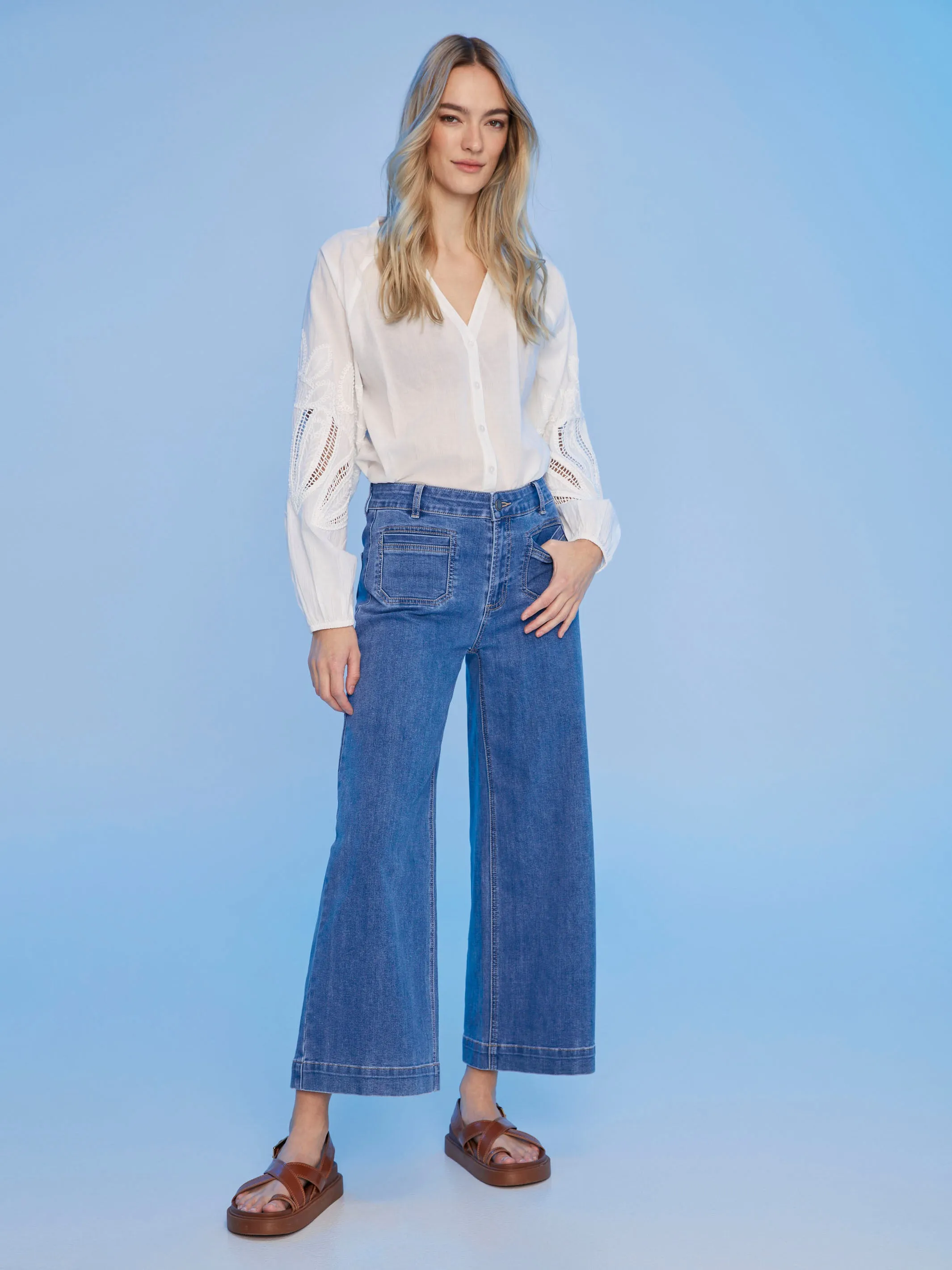 Cotton Button-Front Blouse with Embroidery - White