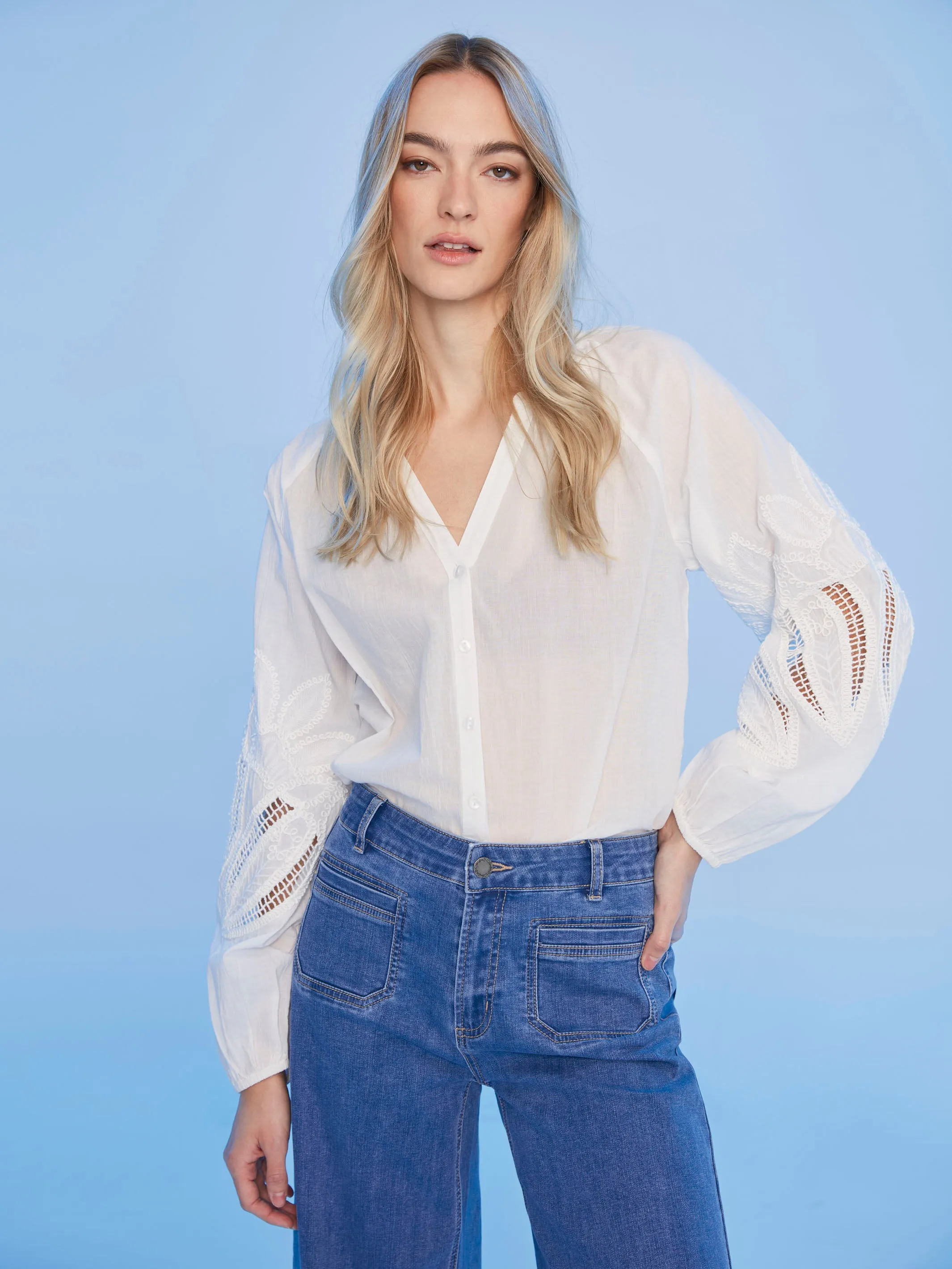 Cotton Button-Front Blouse with Embroidery - White