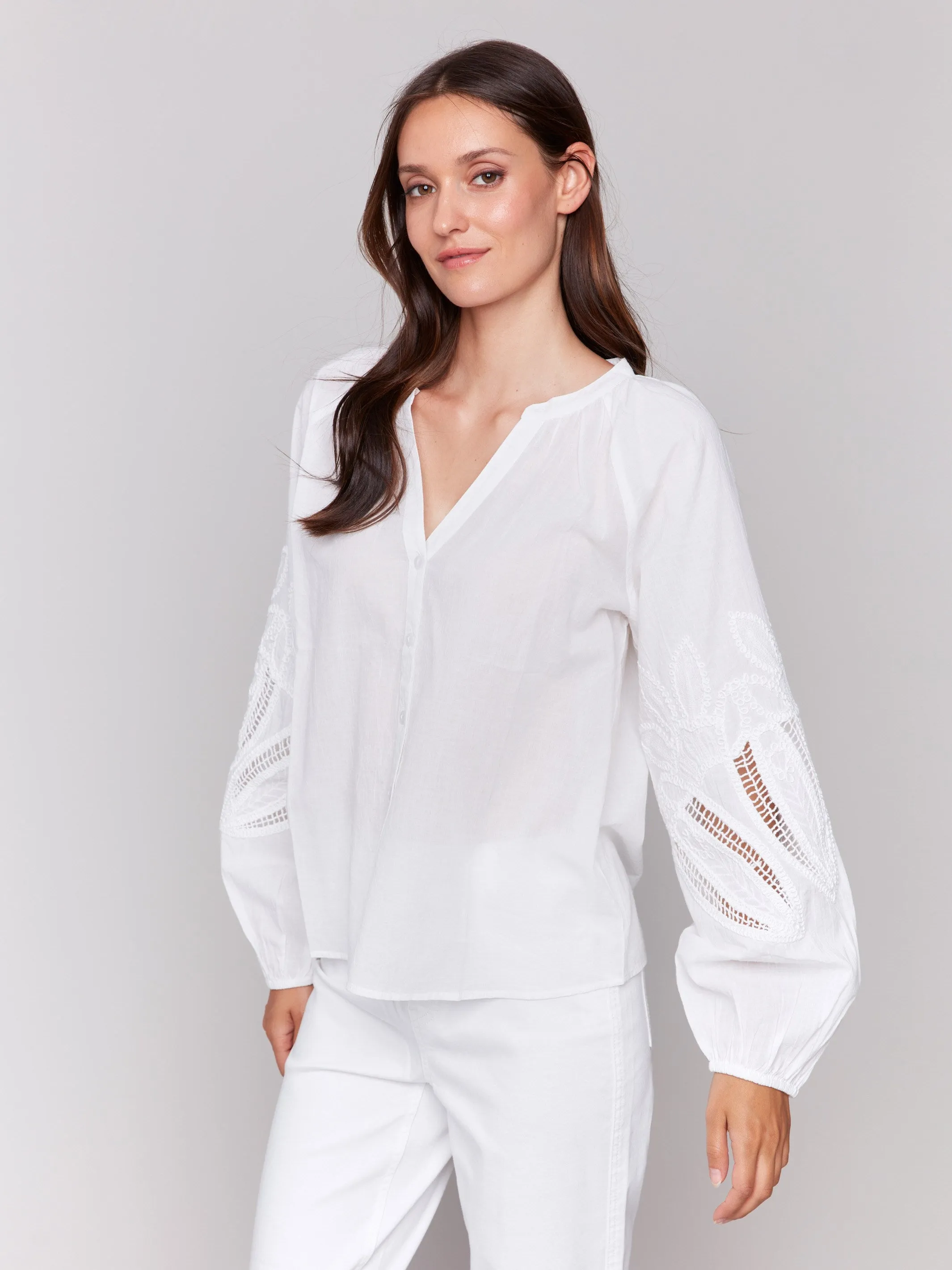 Cotton Button-Front Blouse with Embroidery - White