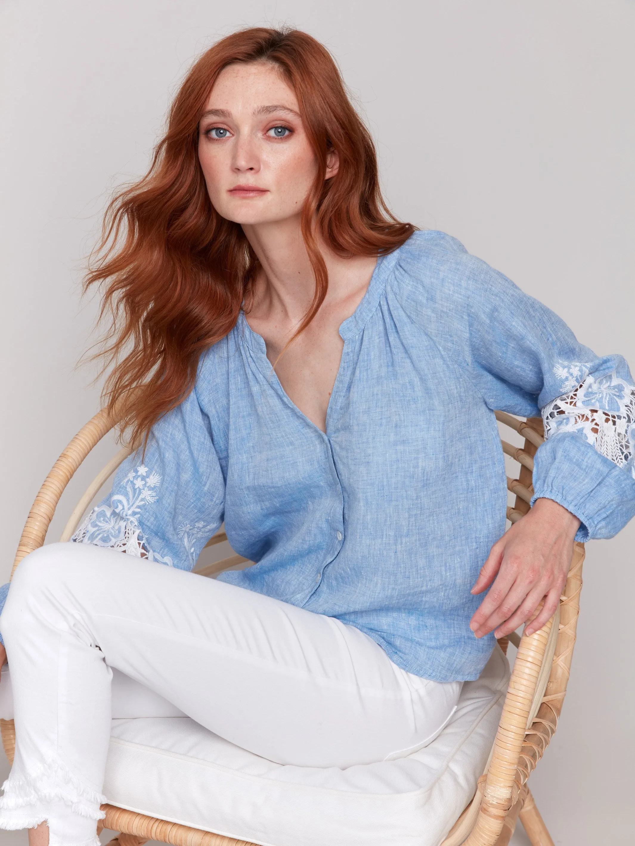 Cotton-Linen Button-Front Blouse with Embroidery - Chambray