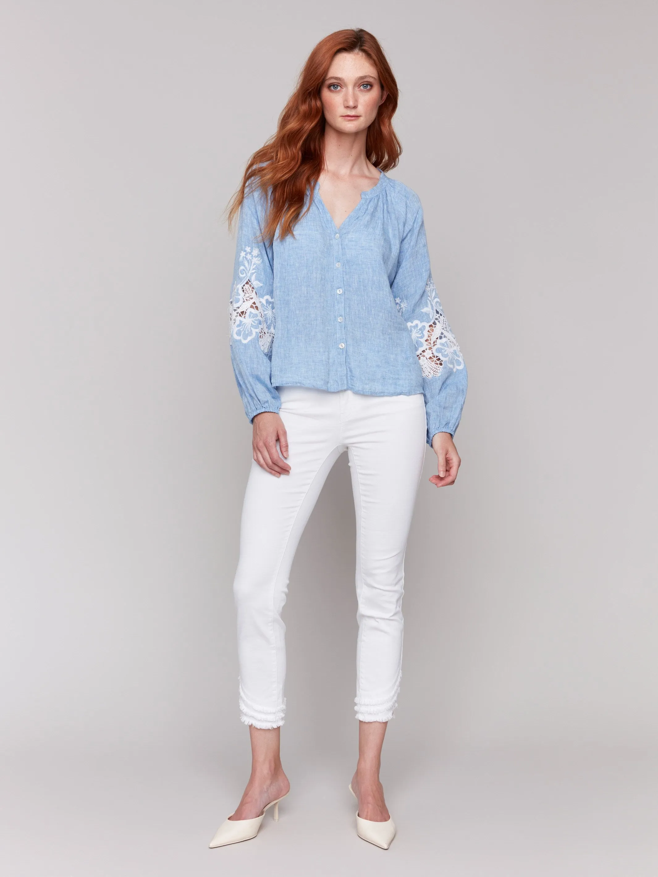 Cotton-Linen Button-Front Blouse with Embroidery - Chambray