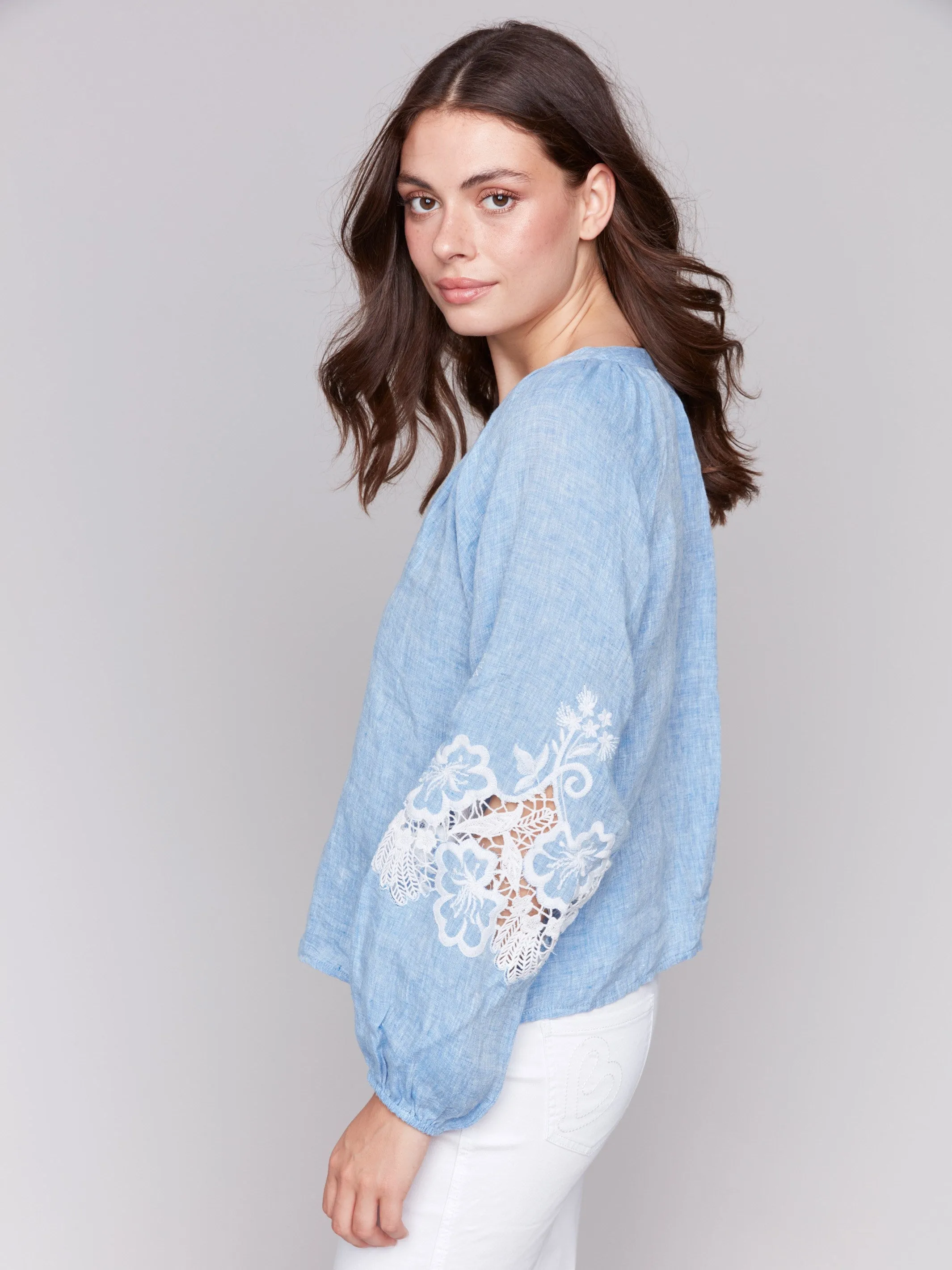 Cotton-Linen Button-Front Blouse with Embroidery - Chambray