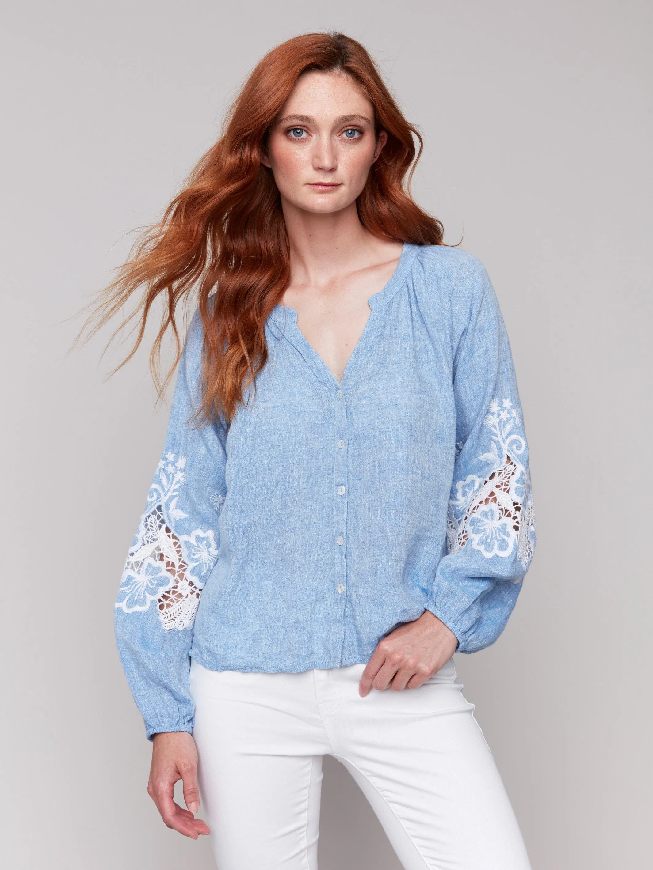 Cotton-Linen Button-Front Blouse with Embroidery - Chambray