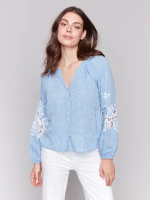 Cotton-Linen Button-Front Blouse with Embroidery - Chambray
