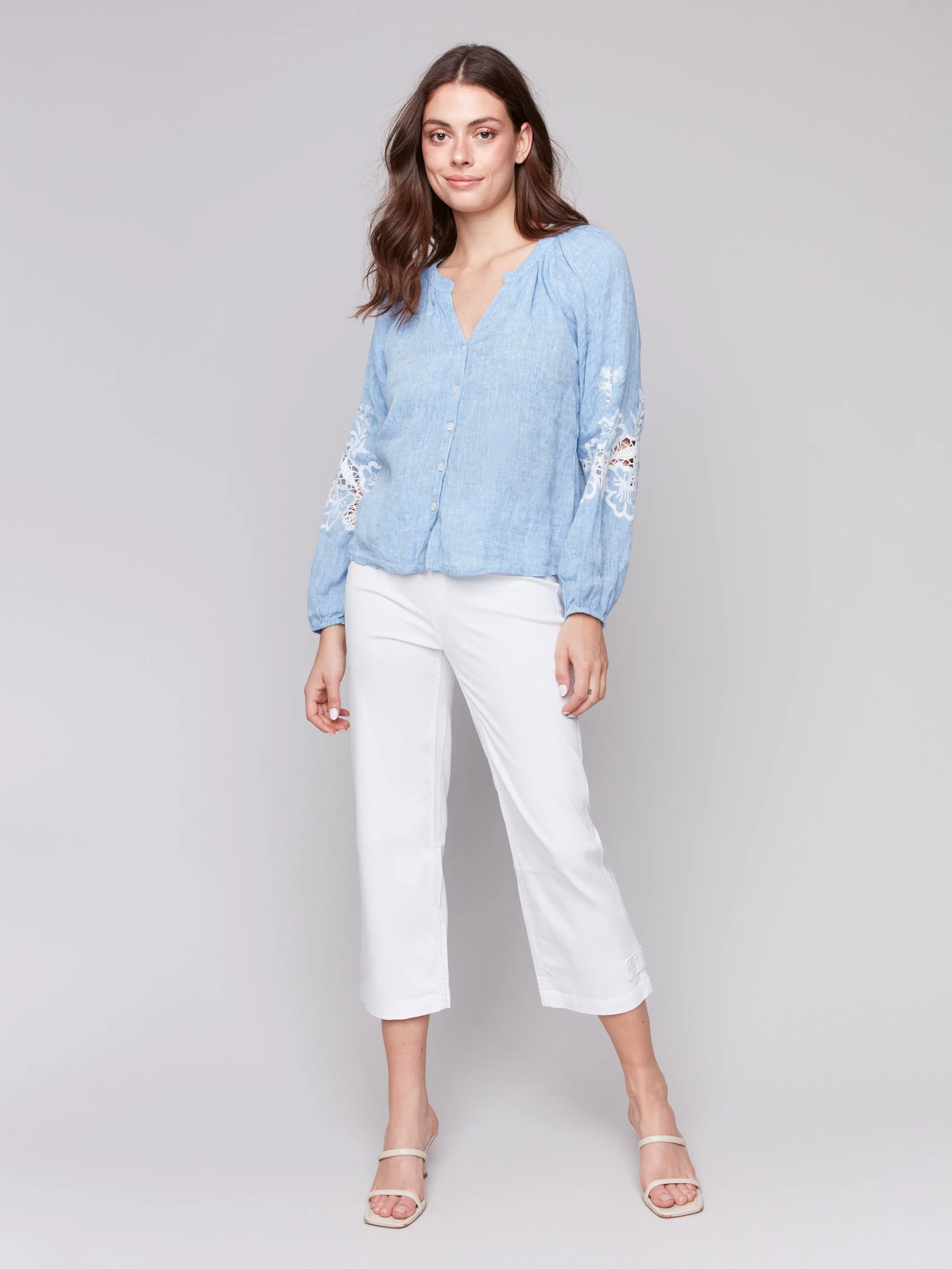 Cotton-Linen Button-Front Blouse with Embroidery - Chambray