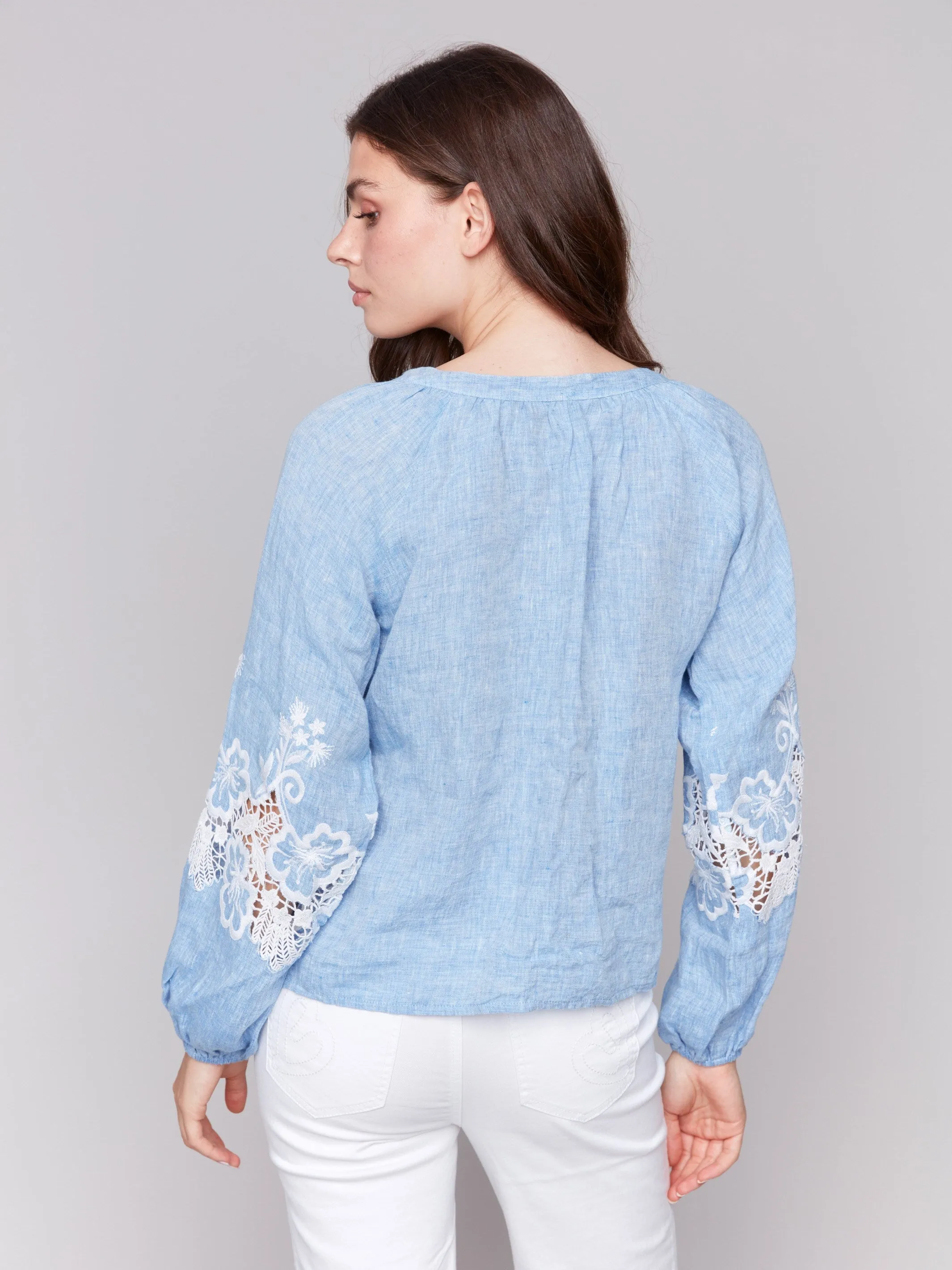 Cotton-Linen Button-Front Blouse with Embroidery - Chambray