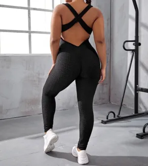Cross cross backless textured sports jumpsuit