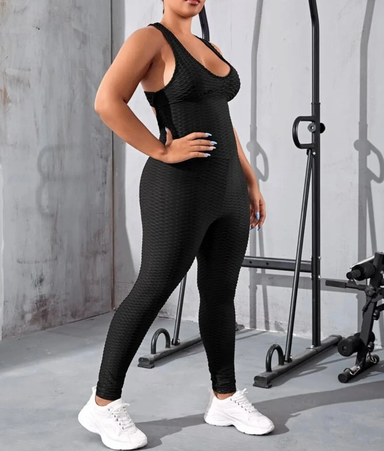 Cross cross backless textured sports jumpsuit