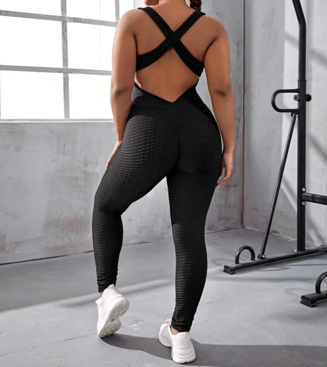 Cross cross backless textured sports jumpsuit
