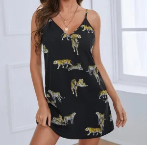 Double v-neck leopard and tiger print dress