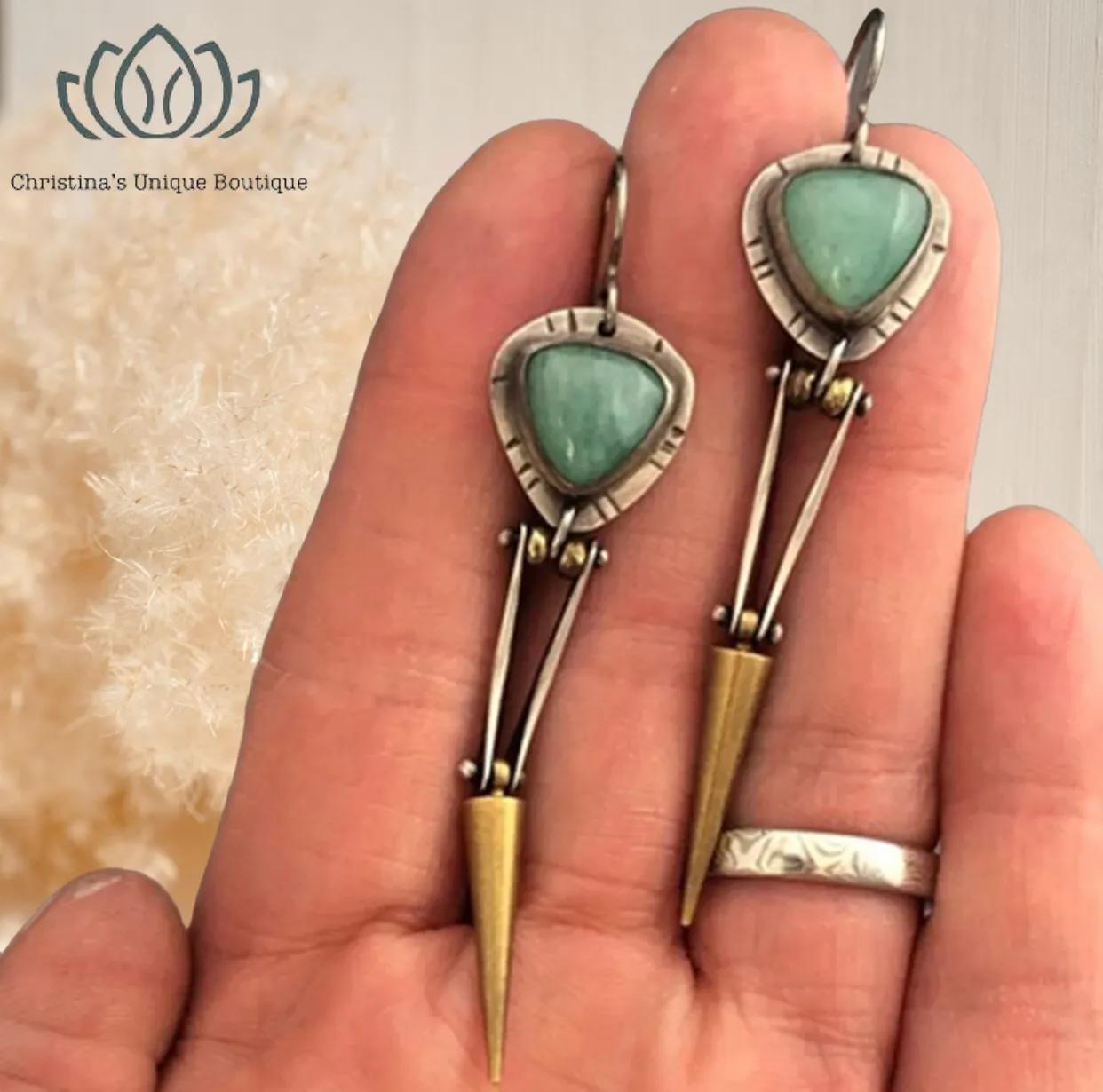 Fabulous two tone green turquoise inspired abstract decor dangle earrings
