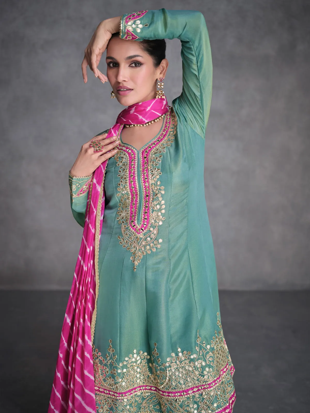 Firozi Reshamkari Embroidery Anarkali Afghani Suit