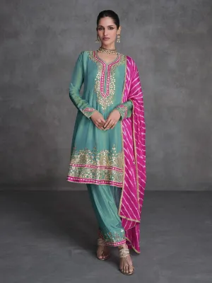 Firozi Reshamkari Embroidery Anarkali Afghani Suit