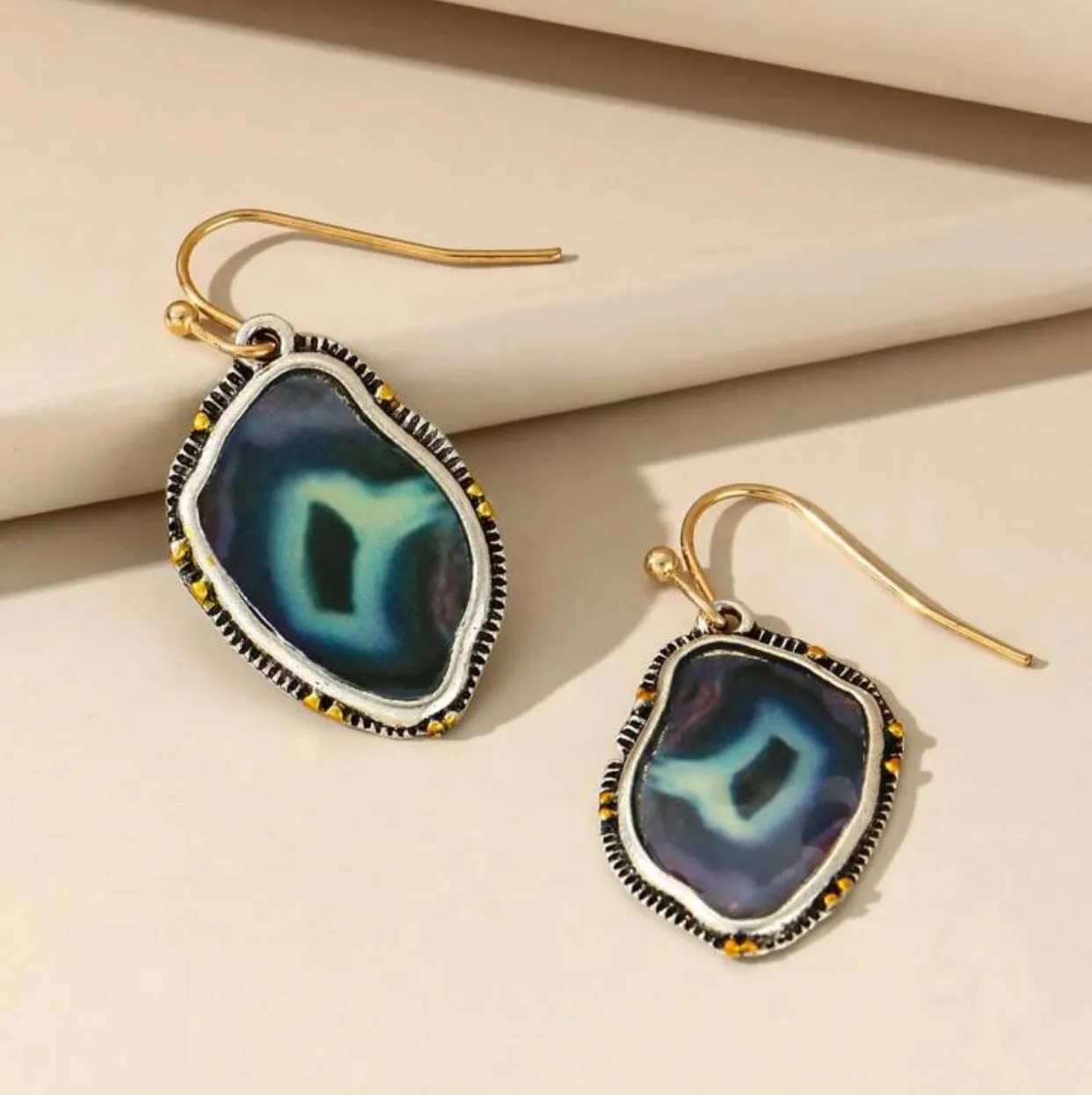 Irregular geode inspired metal decor dangle earrings