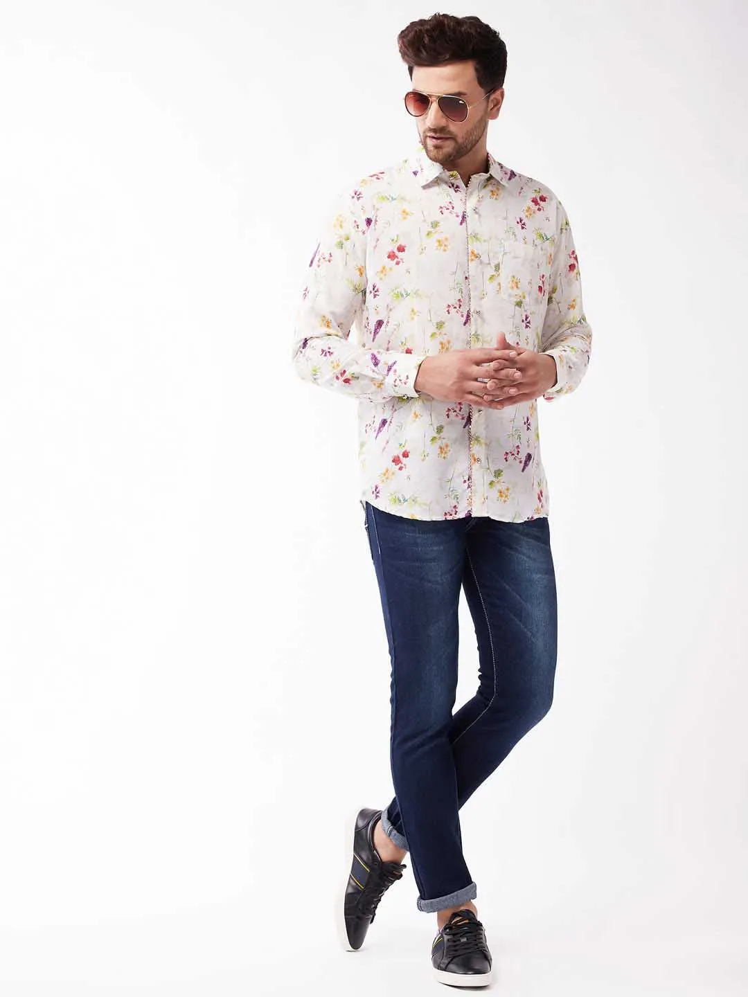 Jashvi Men's Multicolour-Base-Cream Muslin Ethnic Shirtt