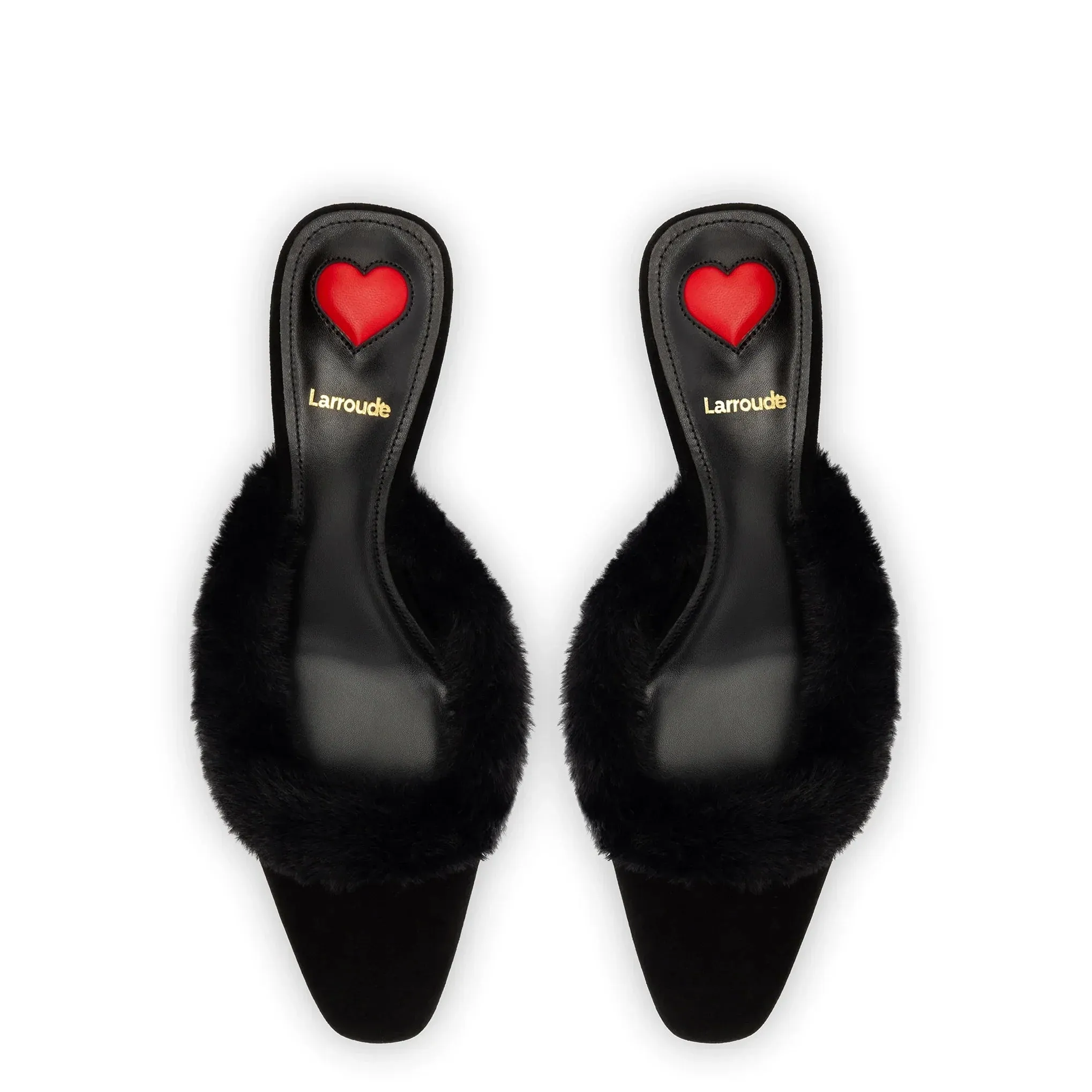 Larroude Amal Faux Fur Mule In Black Suede