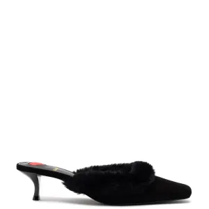 Larroude Amal Faux Fur Mule In Black Suede