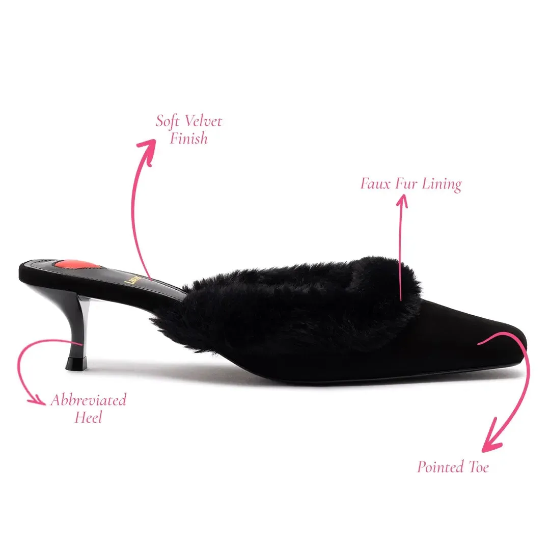 Larroude Amal Faux Fur Mule In Black Suede