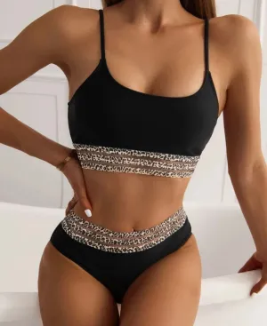Leopard mesh trim two piece swimsuit