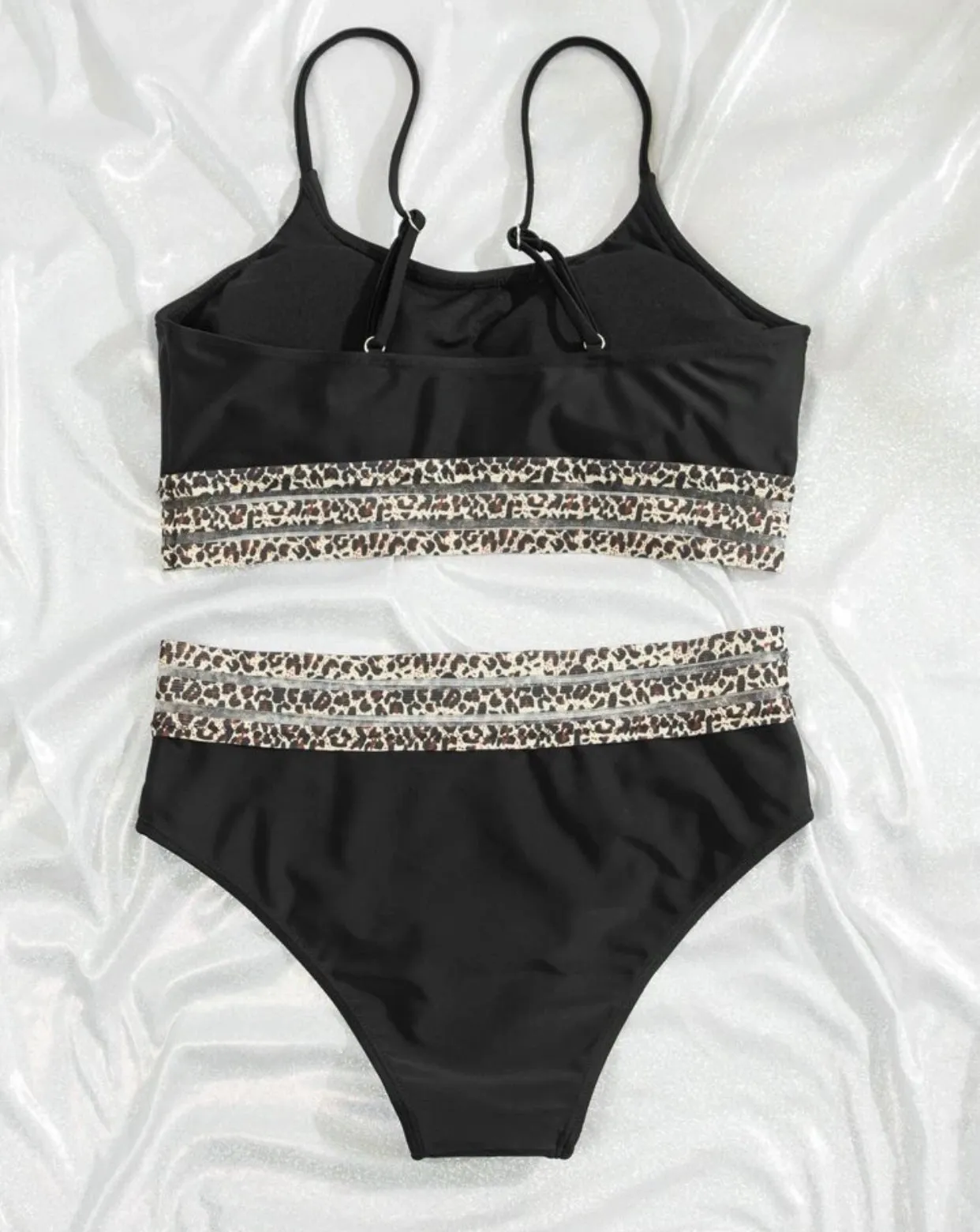 Leopard mesh trim two piece swimsuit