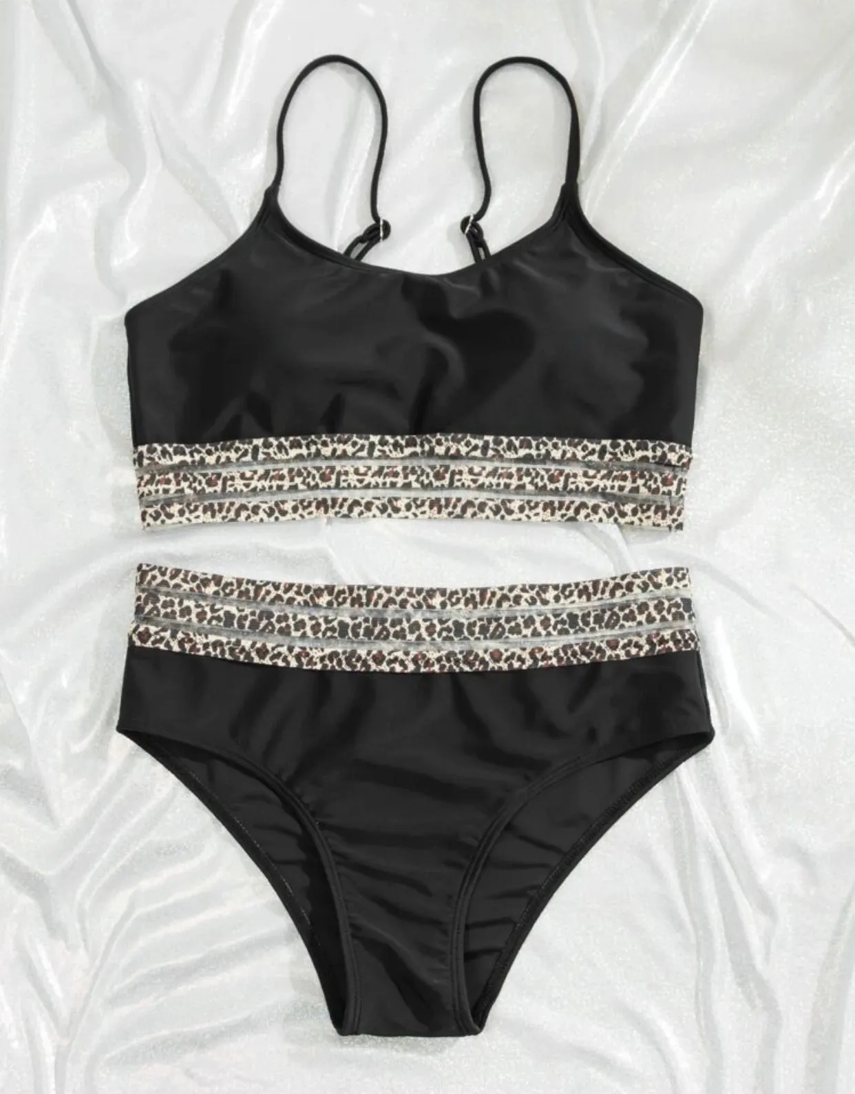 Leopard mesh trim two piece swimsuit