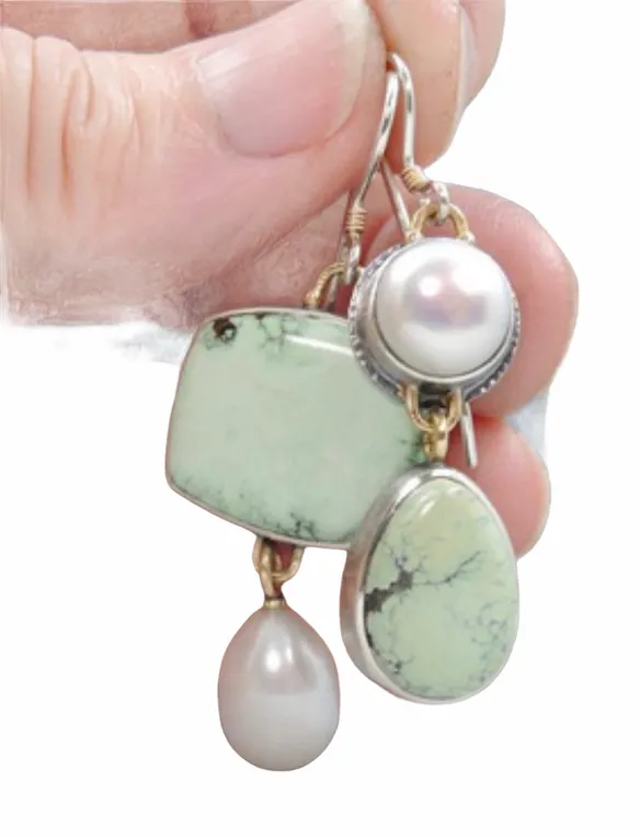Light green Botswana agate silver Pearl dangle earrings.