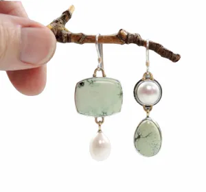 Light green Botswana agate silver Pearl dangle earrings.