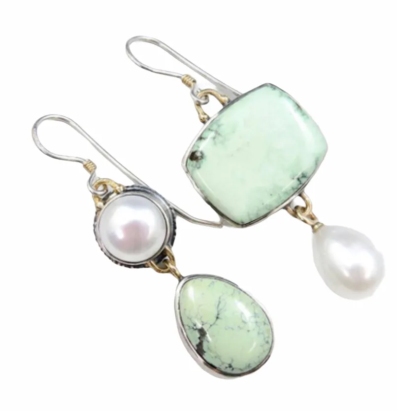 Light green Botswana agate silver Pearl dangle earrings.